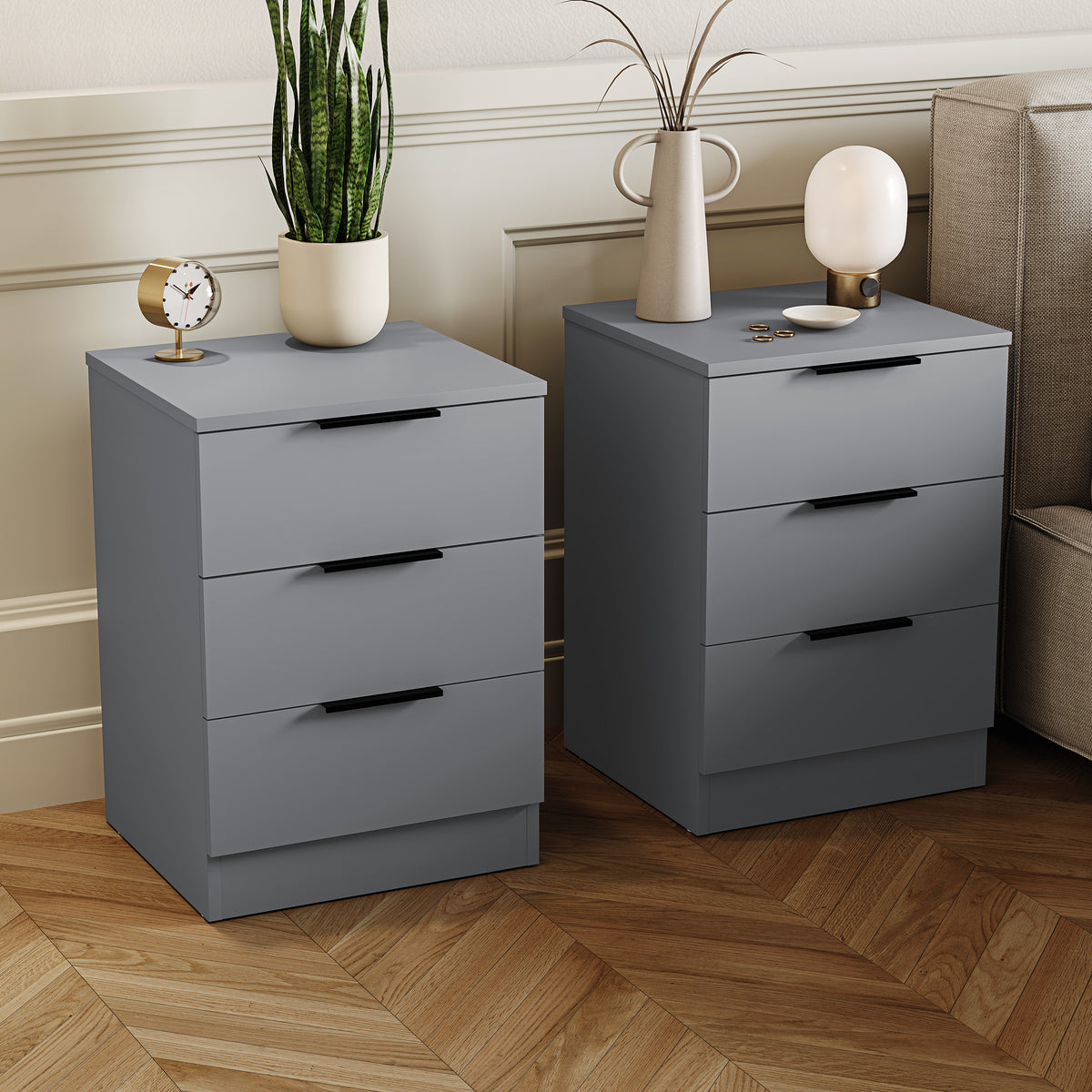 Trega 3 Drawer Bedside Chest, Grey - Set of 2