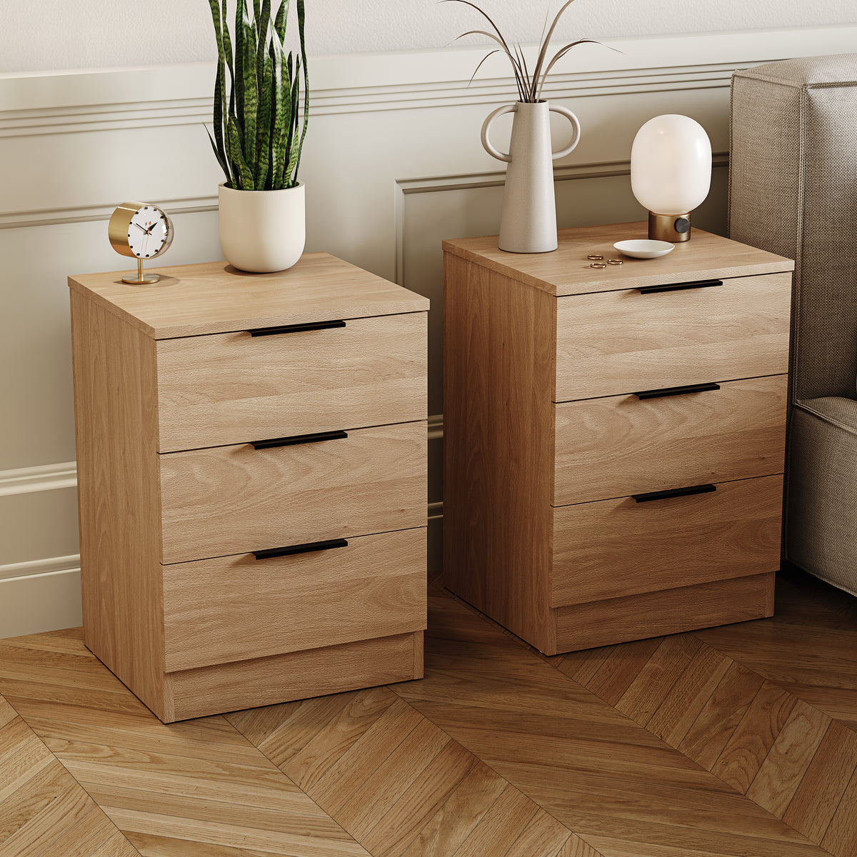 Trega 3 Drawer Bedside Chest, Pine - Set of 2