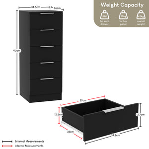 Trega 5 Drawer Narrow Chest, Black
