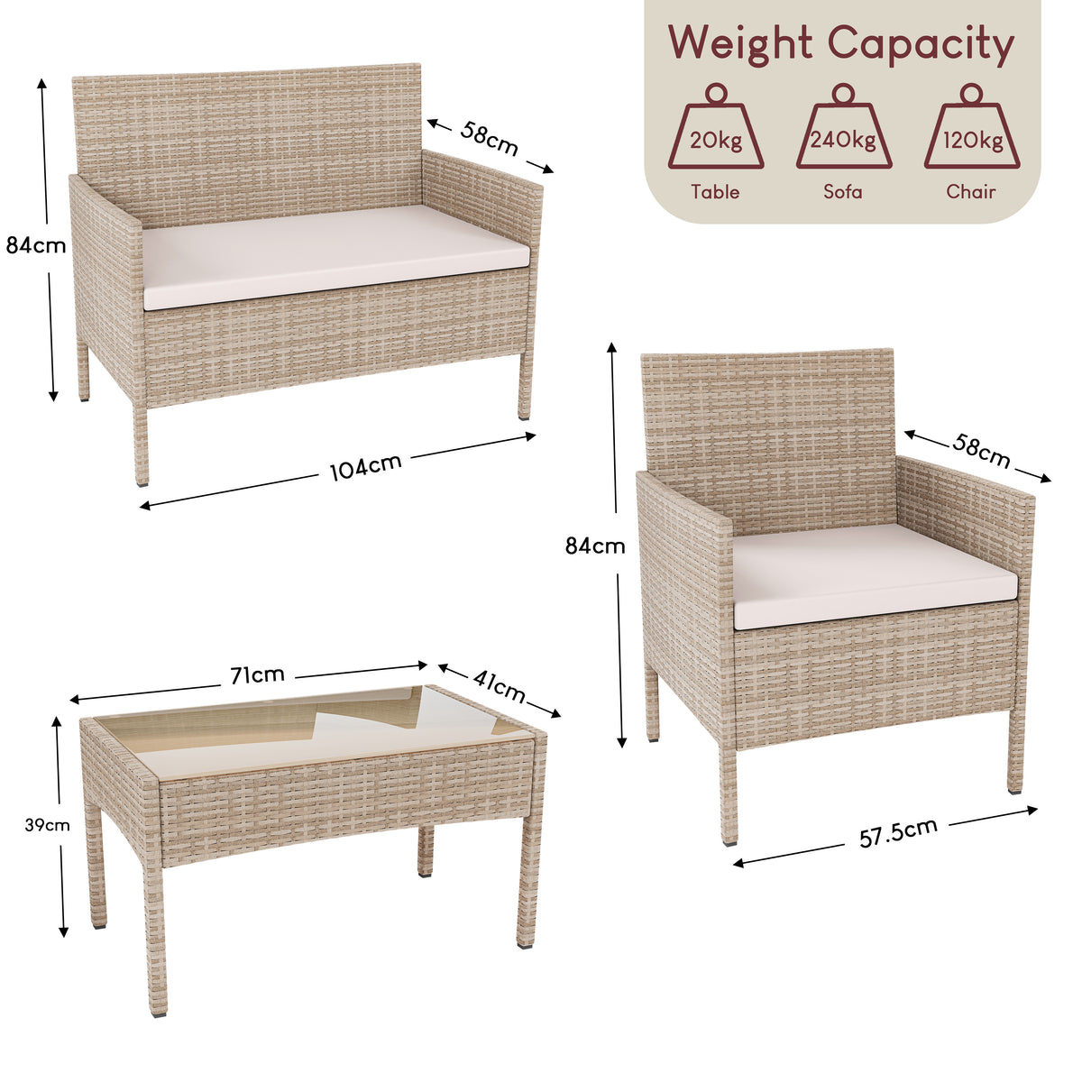Kendal 4-Piece Rattan Set, Natural UKFR