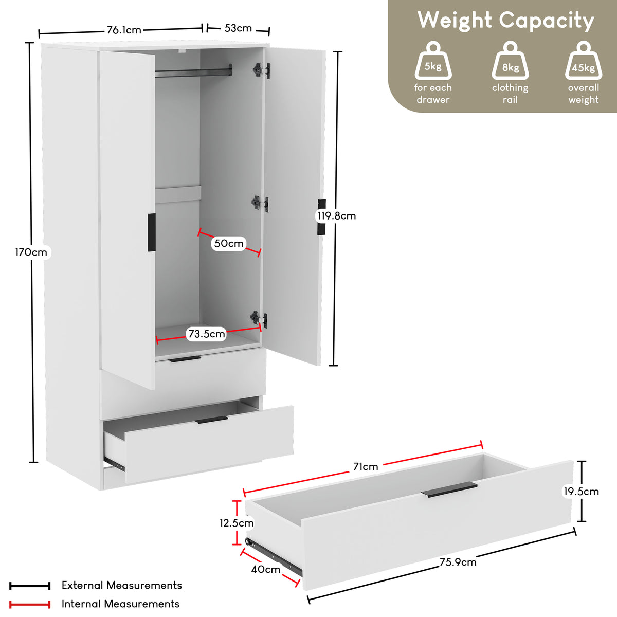 Trega 2 Door 2 Drawer Wardrobe, White