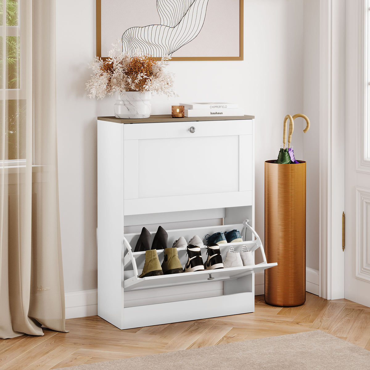 2 Drawer Shoe Cabinet, White & Oak