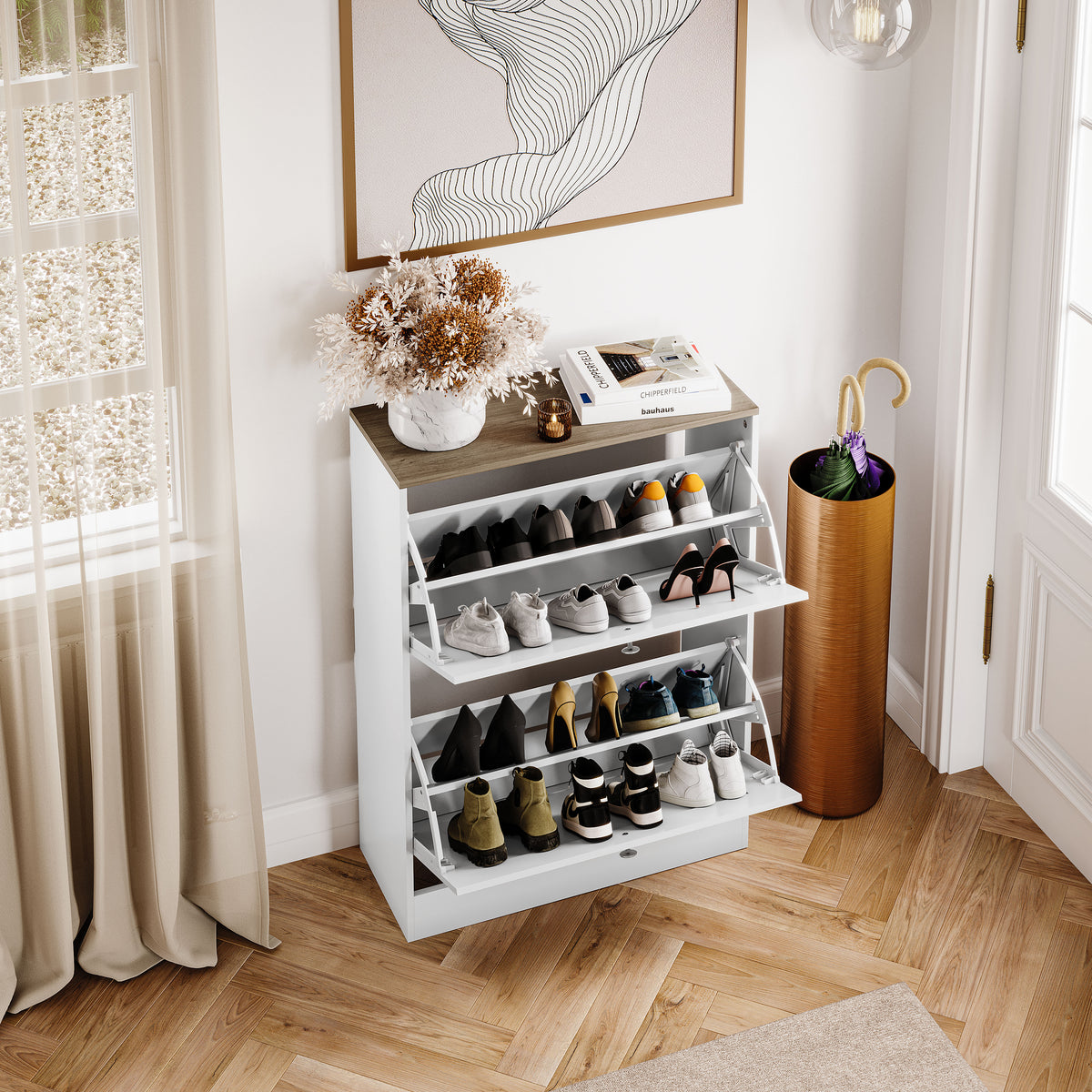 2 Drawer Shoe Cabinet, White & Oak