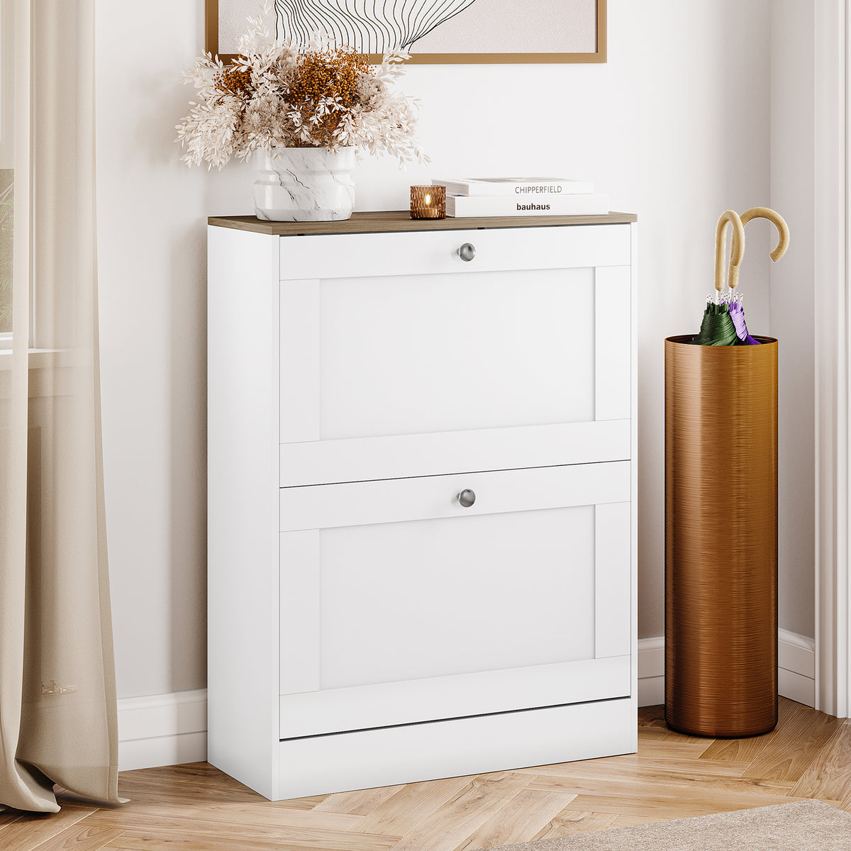 2 Drawer Shoe Cabinet, White & Oak