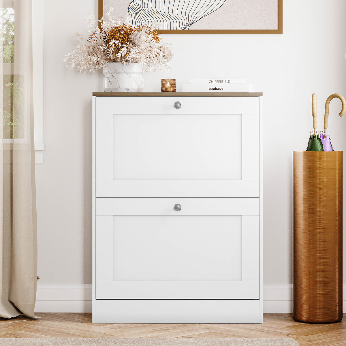 2 Drawer Shoe Cabinet, White & Oak