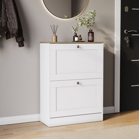 Two-drawer shoe cabinet in white & oak, with two pull-out drawers.
