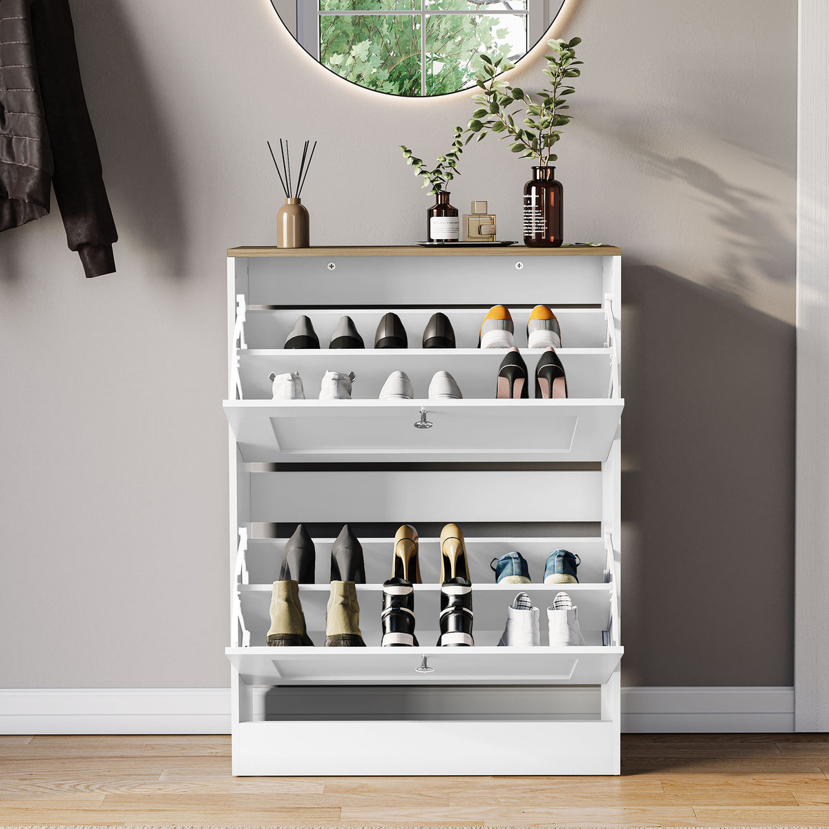 2 Drawer Shoe Cabinet, White & Oak