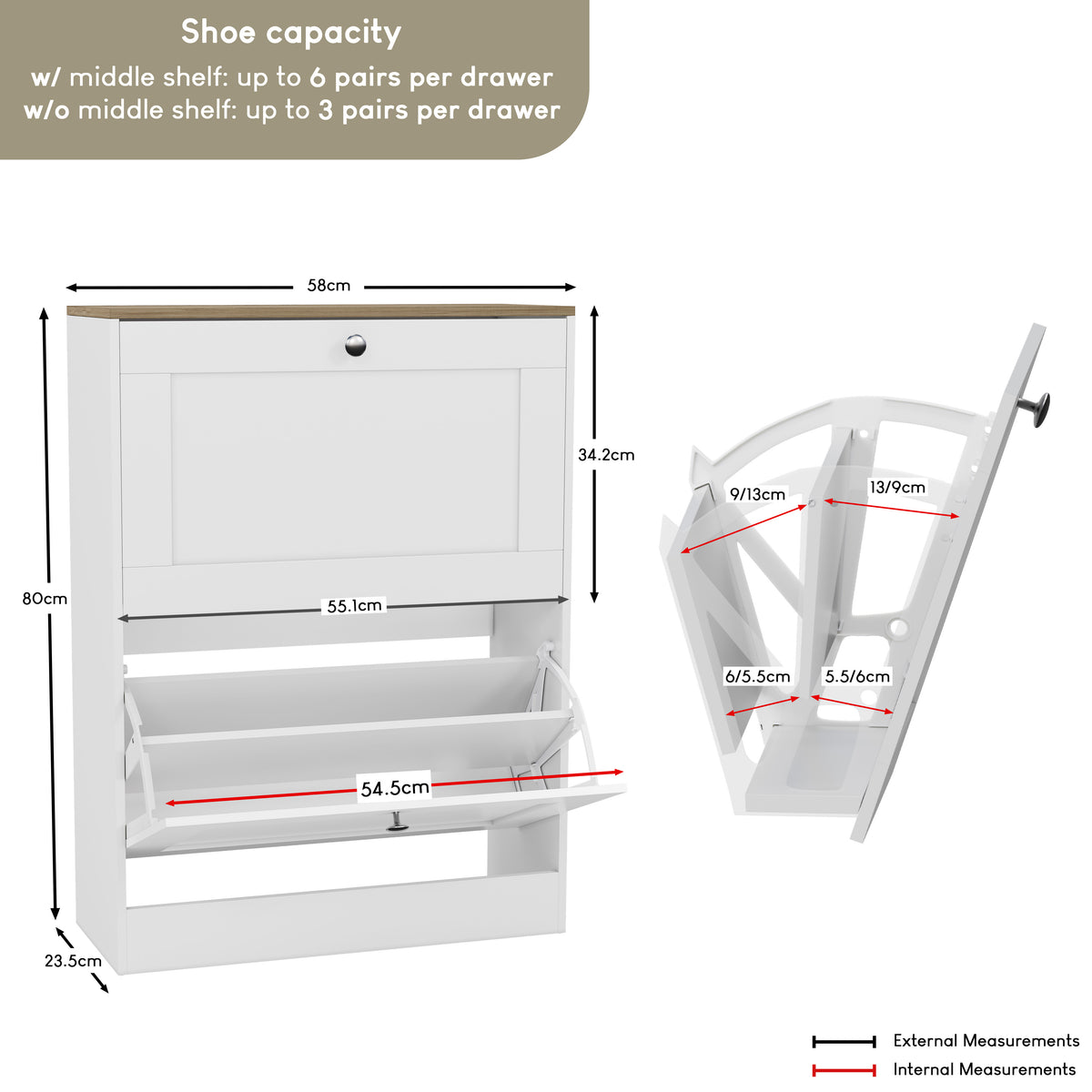 2 Drawer Shoe Cabinet, White & Oak