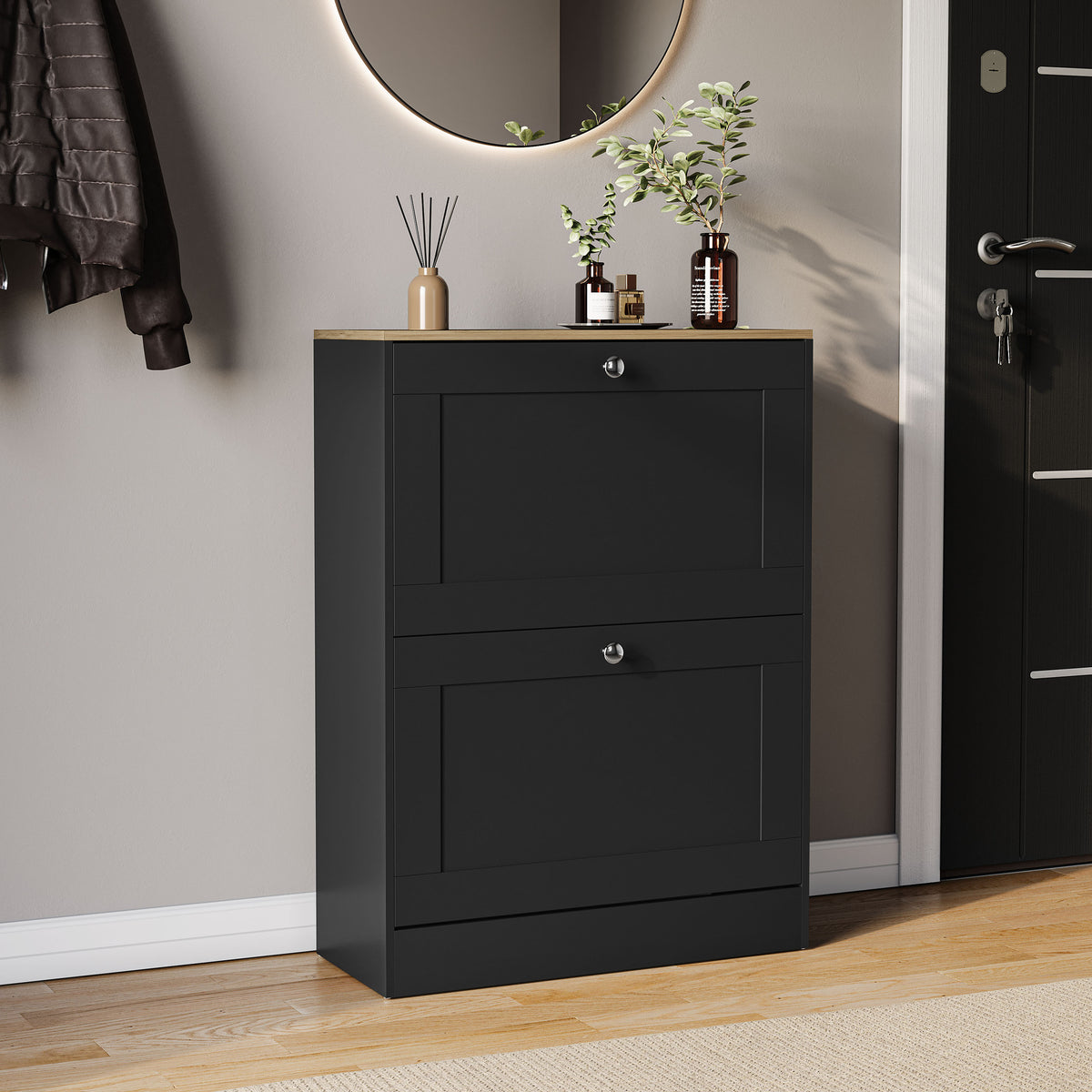 2 Drawer Shoe Cabinet, Black & Oak