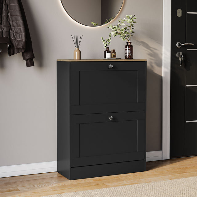 Two-drawer shoe cabinet in black & oak, with two pull-out drawers.
