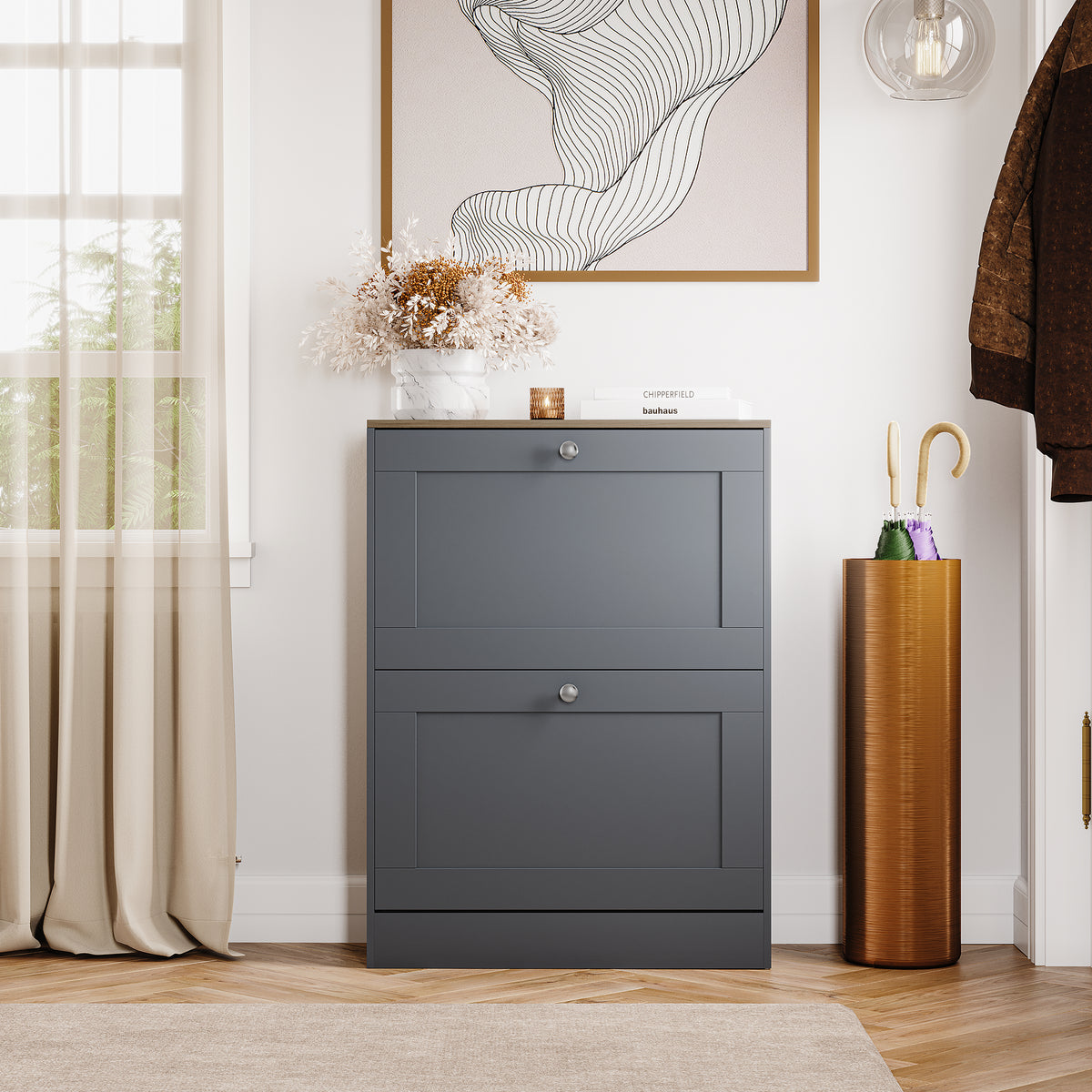 2 Drawer Shoe Cabinet, Grey & Oak