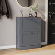 Two-drawer shoe cabinet in grey & oak, with two pull-out drawers.
