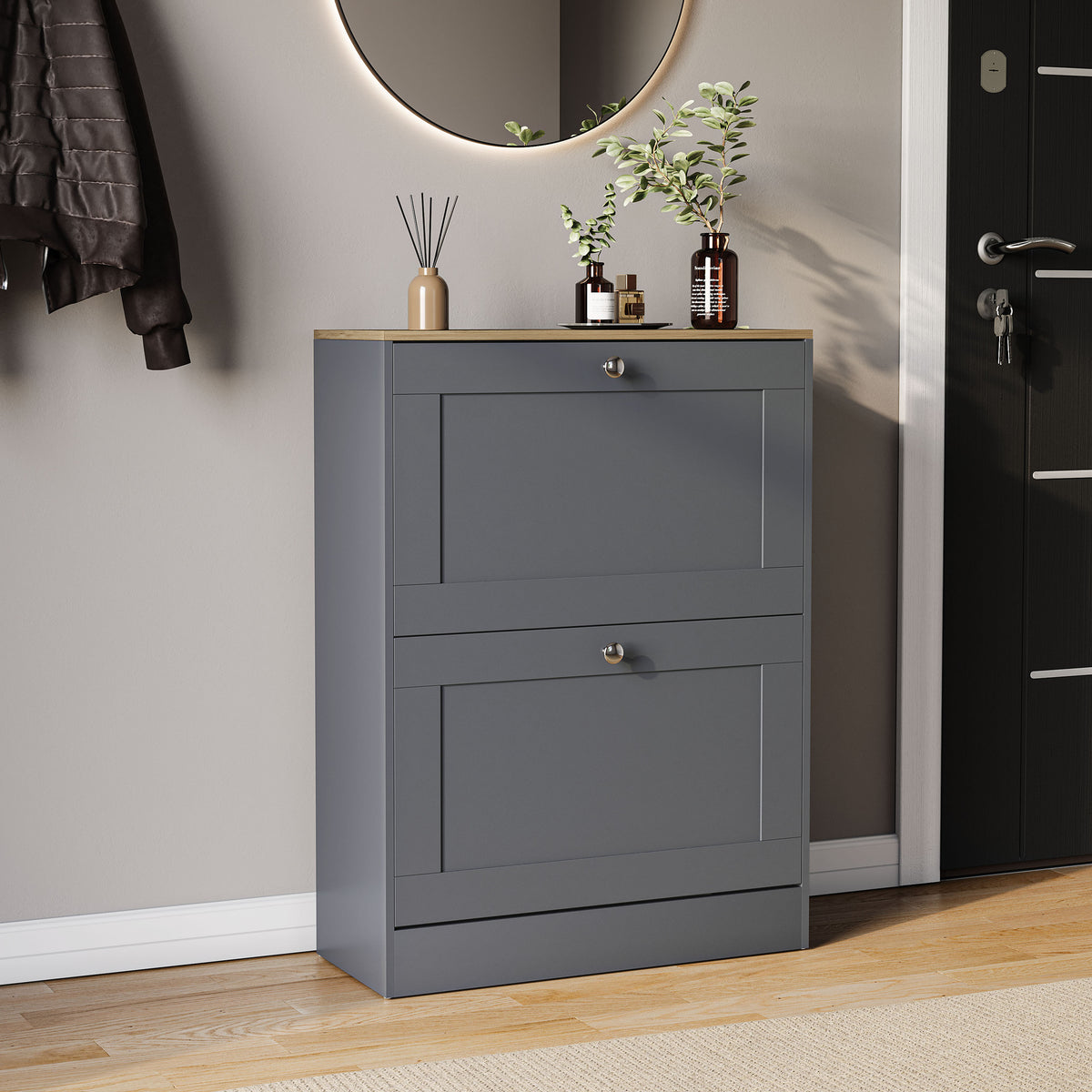 Two-drawer shoe cabinet in grey & oak, with two pull-out drawers.
