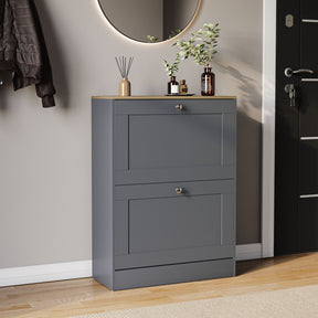 Two-drawer shoe cabinet in grey & oak, with two pull-out drawers.
