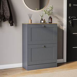 Two-drawer shoe cabinet in grey & oak, with two pull-out drawers.
