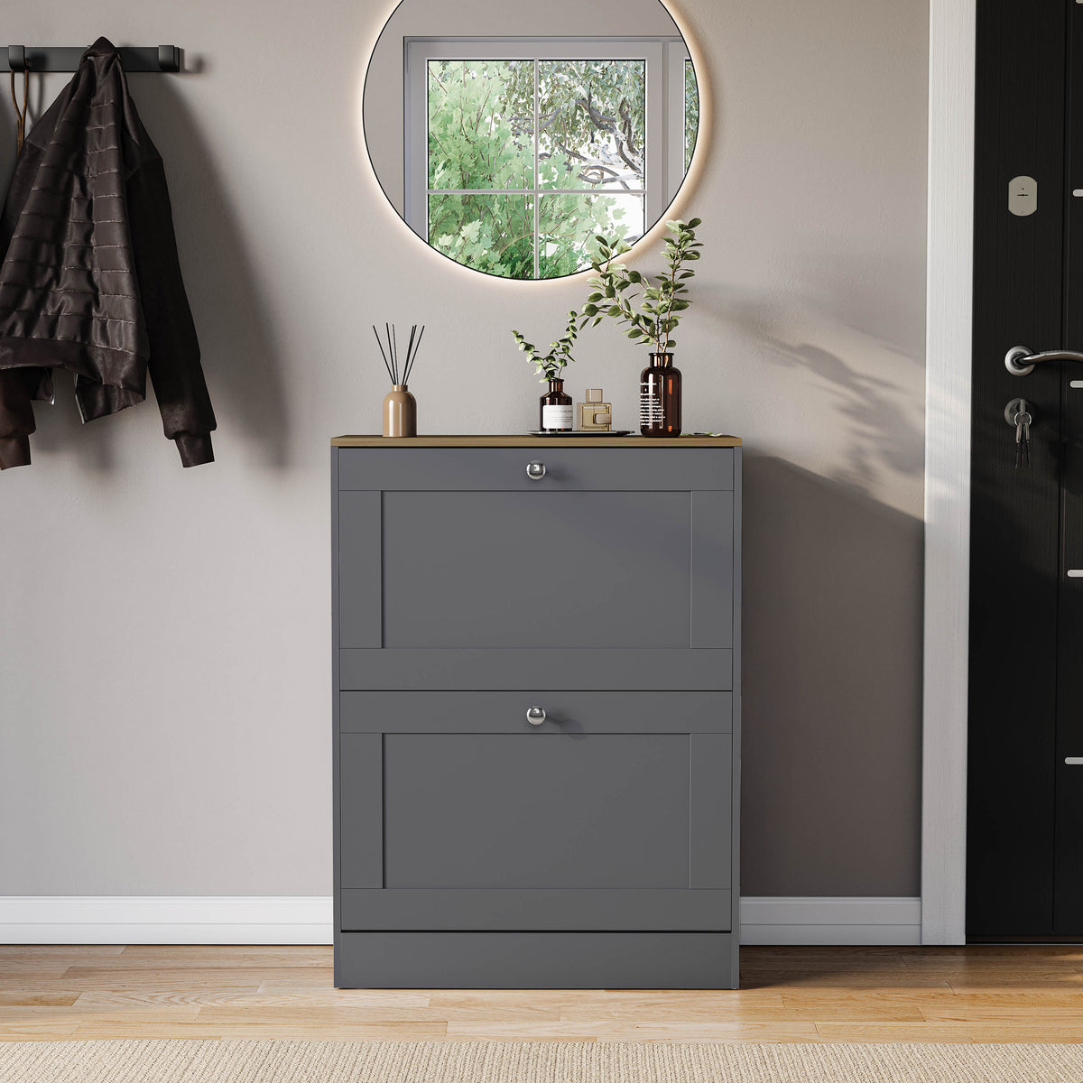 2 Drawer Shoe Cabinet, Grey & Oak