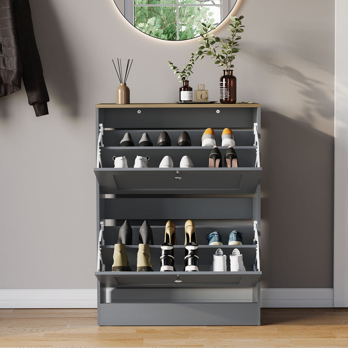 2 Drawer Shoe Cabinet, Grey & Oak