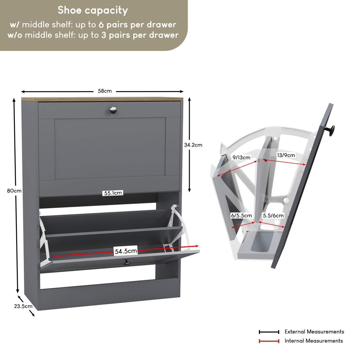 2 Drawer Shoe Cabinet, Grey & Oak