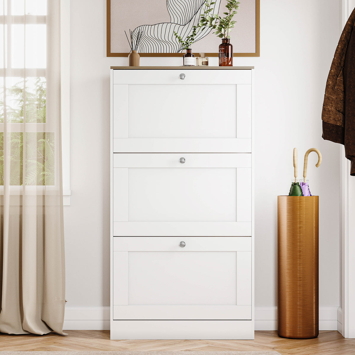 3 Drawer Shoe Cabinet, White & Oak
