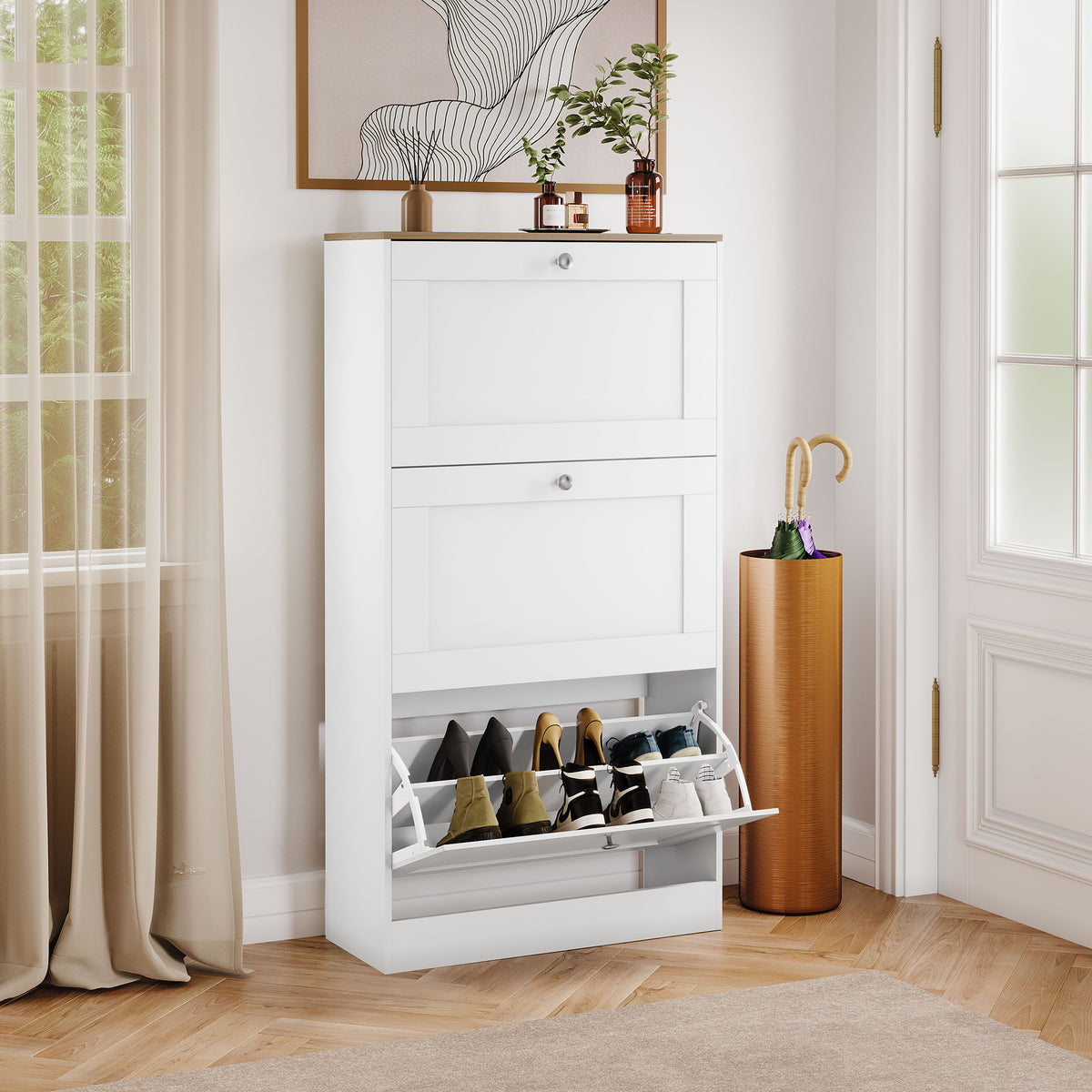 3 Drawer Shoe Cabinet, White & Oak