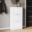 Three-drawer shoe cabinet in white & oak, with three pull-out drawers.
