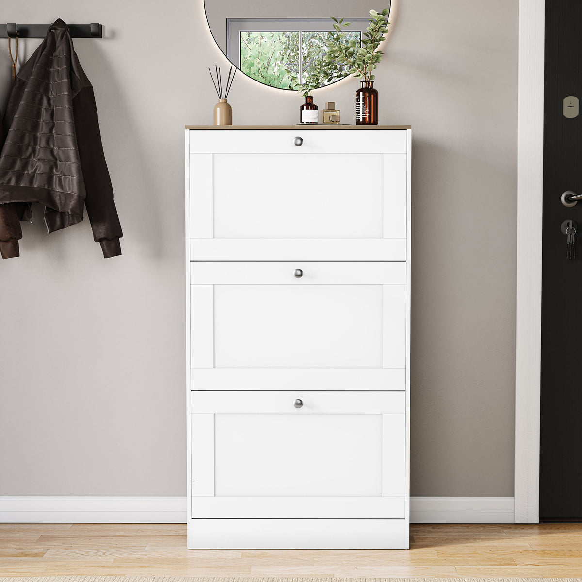 3 Drawer Shoe Cabinet, White & Oak