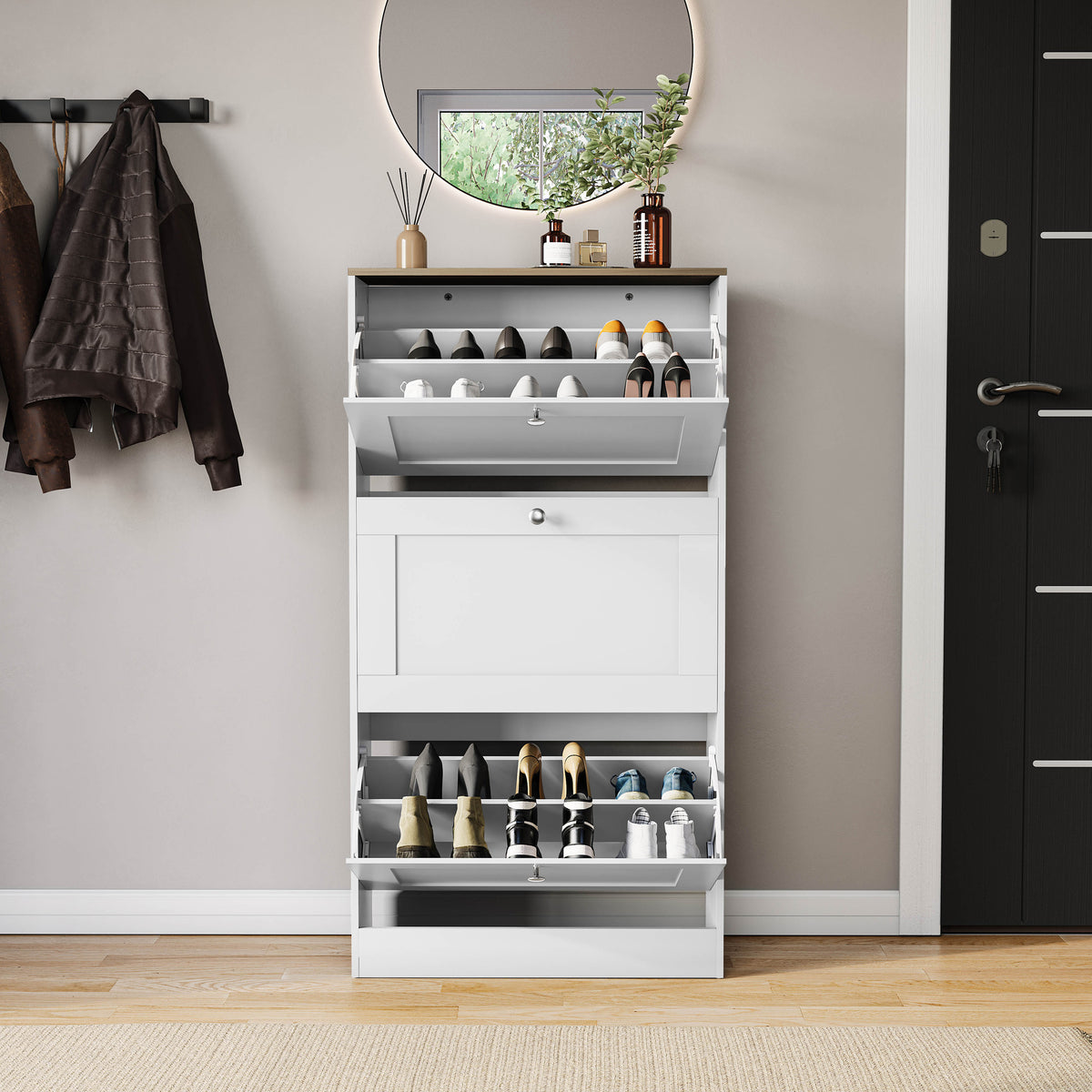 3 Drawer Shoe Cabinet, White & Oak
