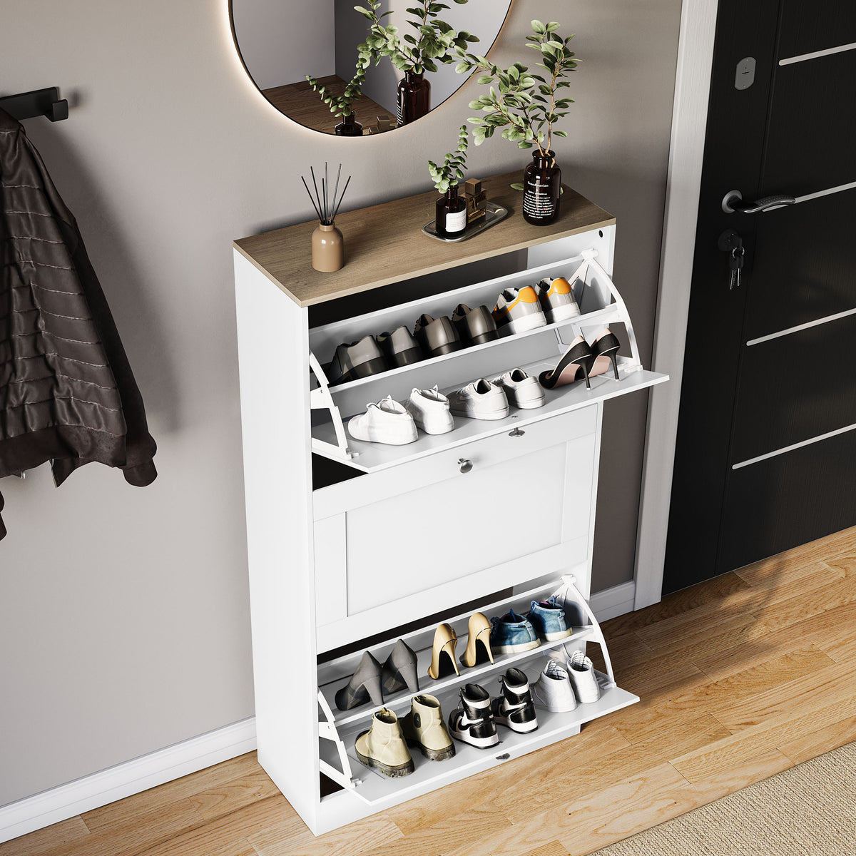 3 Drawer Shoe Cabinet, White & Oak
