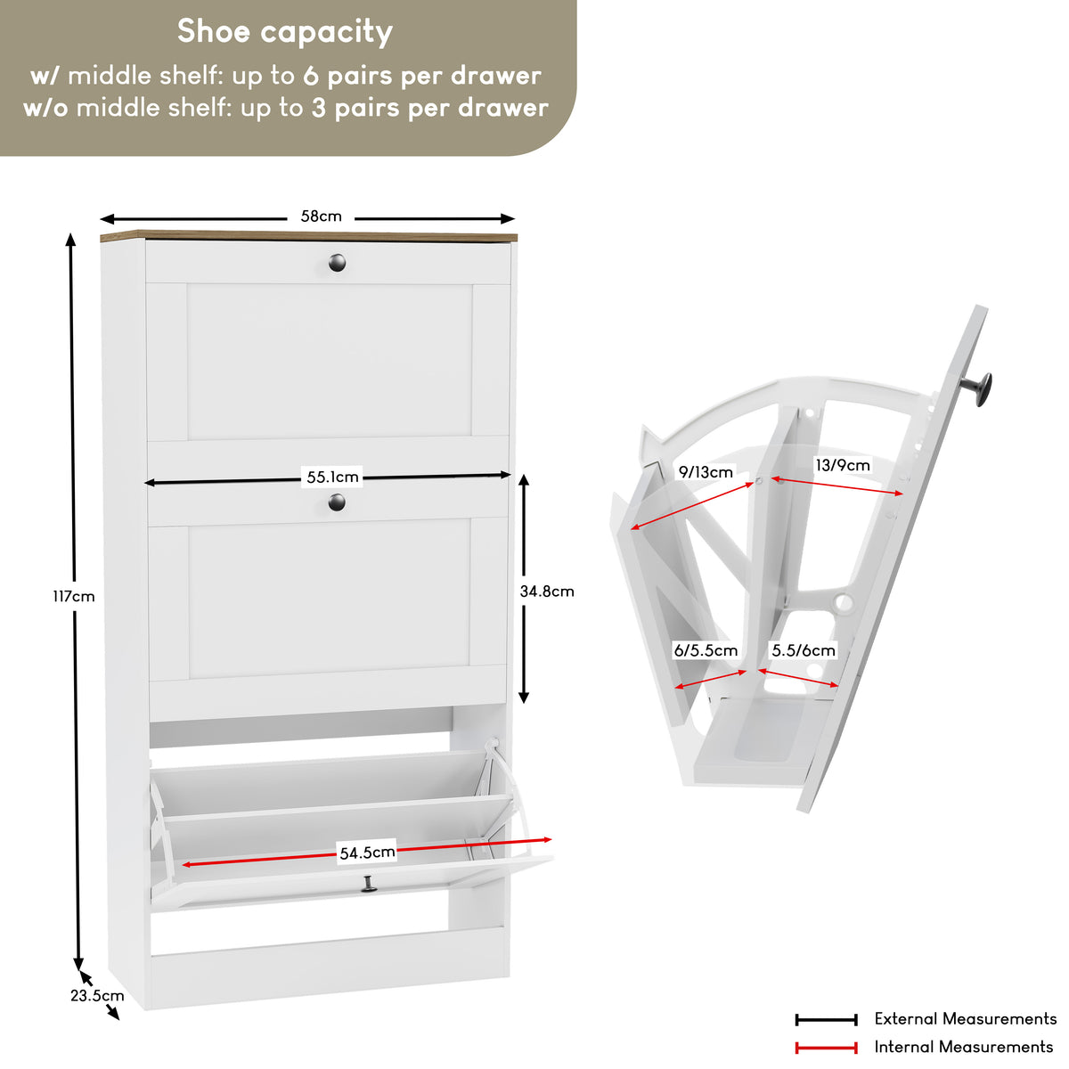 3 Drawer Shoe Cabinet, White & Oak