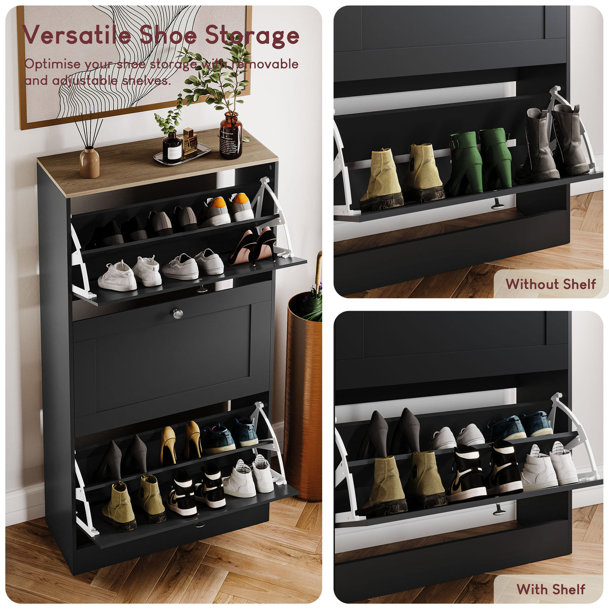 3 Drawer Shoe Cabinet, Black & Oak