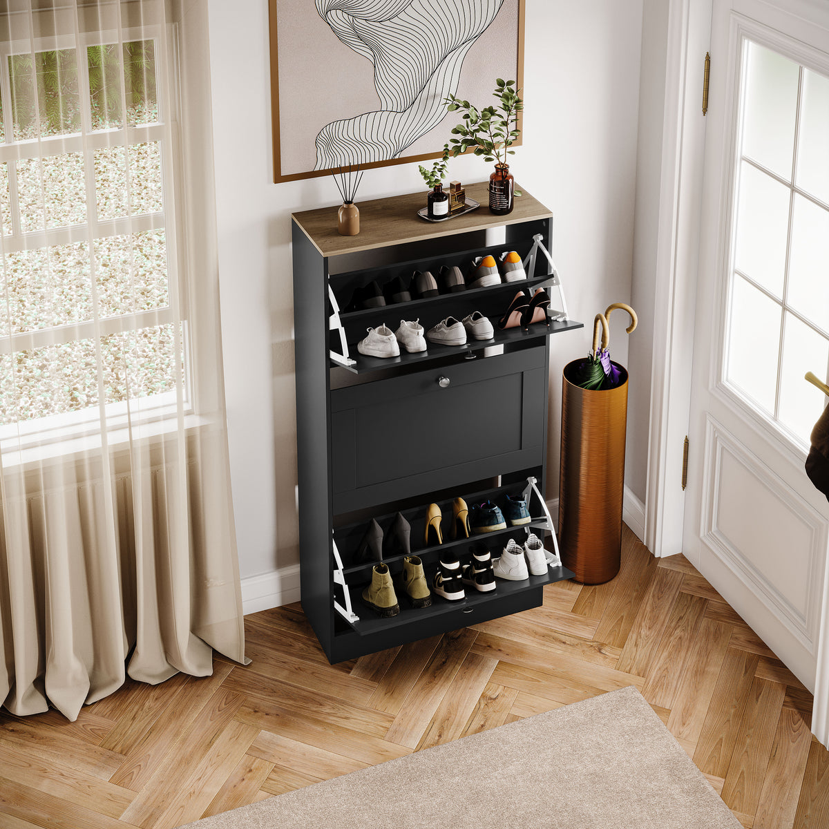 3 Drawer Shoe Cabinet, Black & Oak