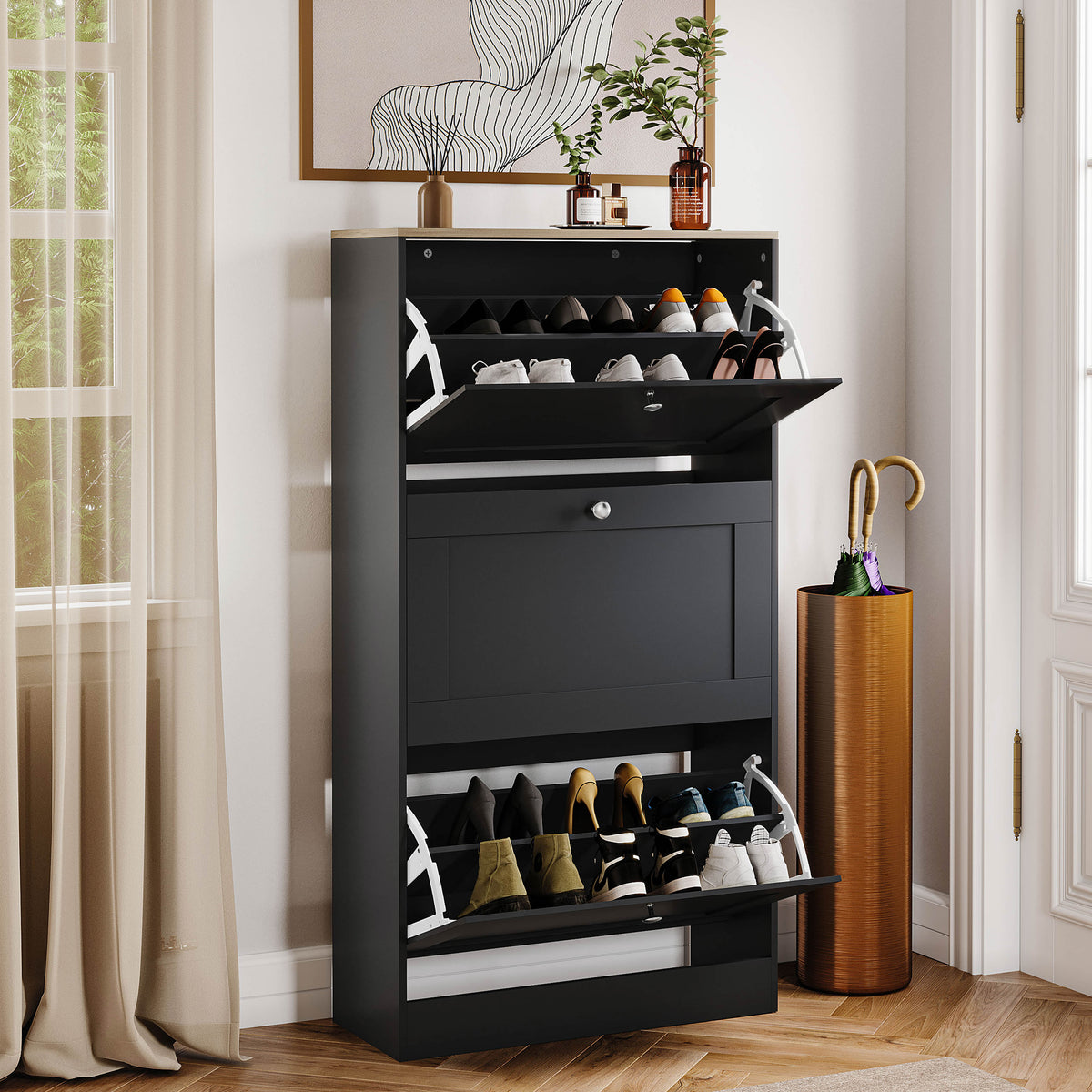 3 Drawer Shoe Cabinet, Black & Oak