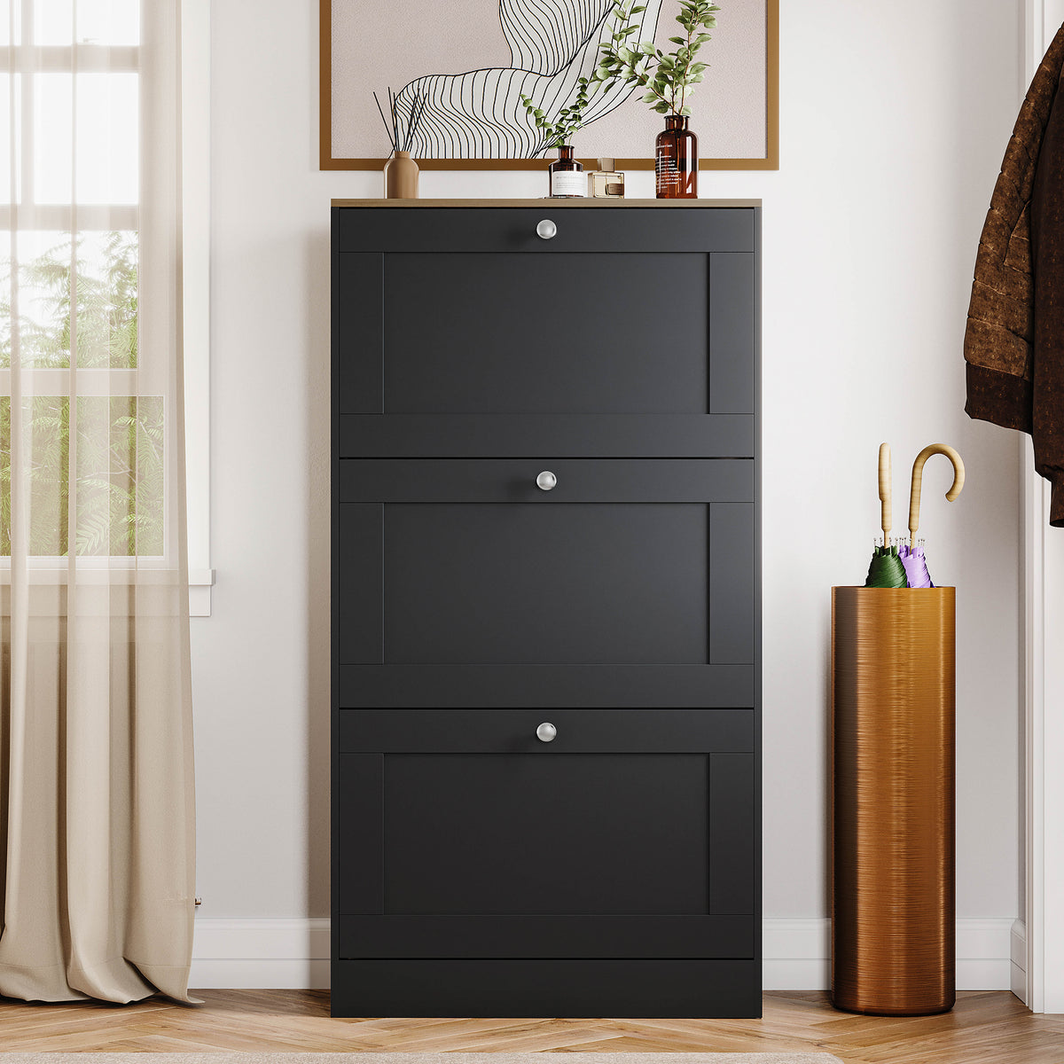 3 Drawer Shoe Cabinet, Black & Oak