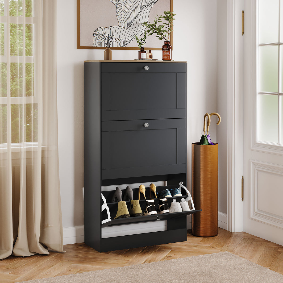 3 Drawer Shoe Cabinet, Black & Oak
