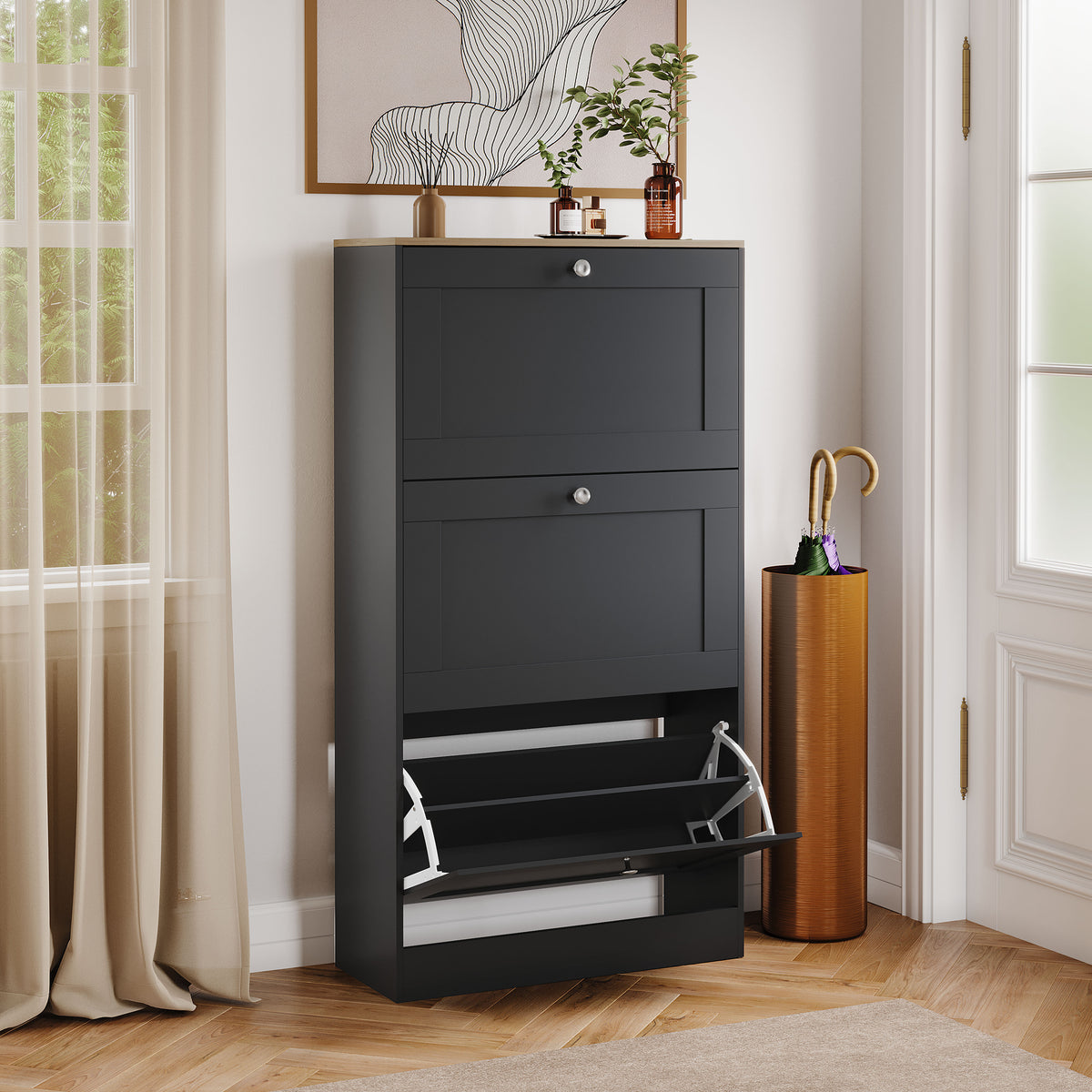 3 Drawer Shoe Cabinet, Black & Oak