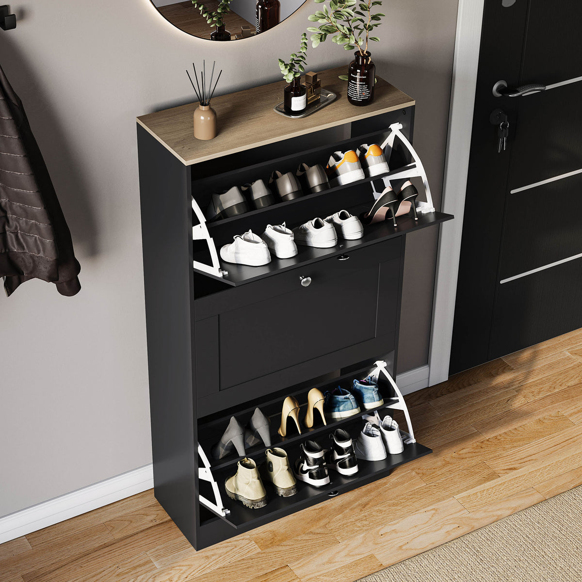 3 Drawer Shoe Cabinet, Black & Oak