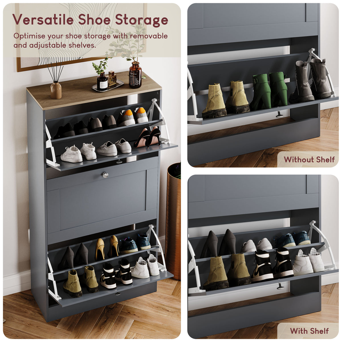 3 Drawer Shoe Cabinet, Grey & Oak
