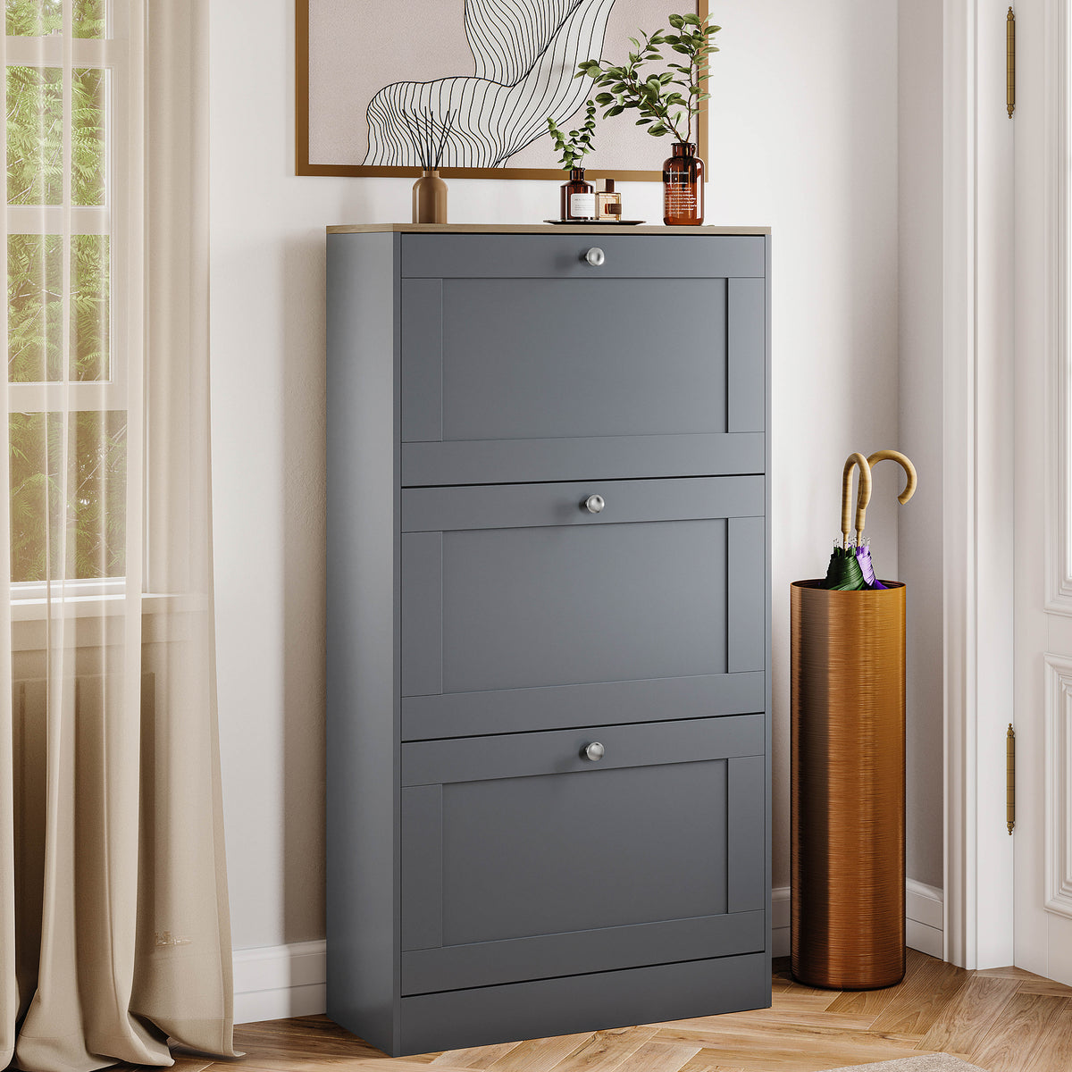 3 Drawer Shoe Cabinet, Grey & Oak
