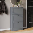 Three-drawer shoe cabinet in grey & oak, with three pull-out drawers.
