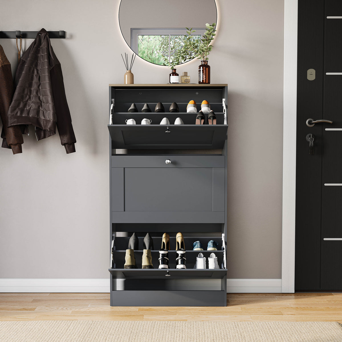 3 Drawer Shoe Cabinet, Grey & Oak