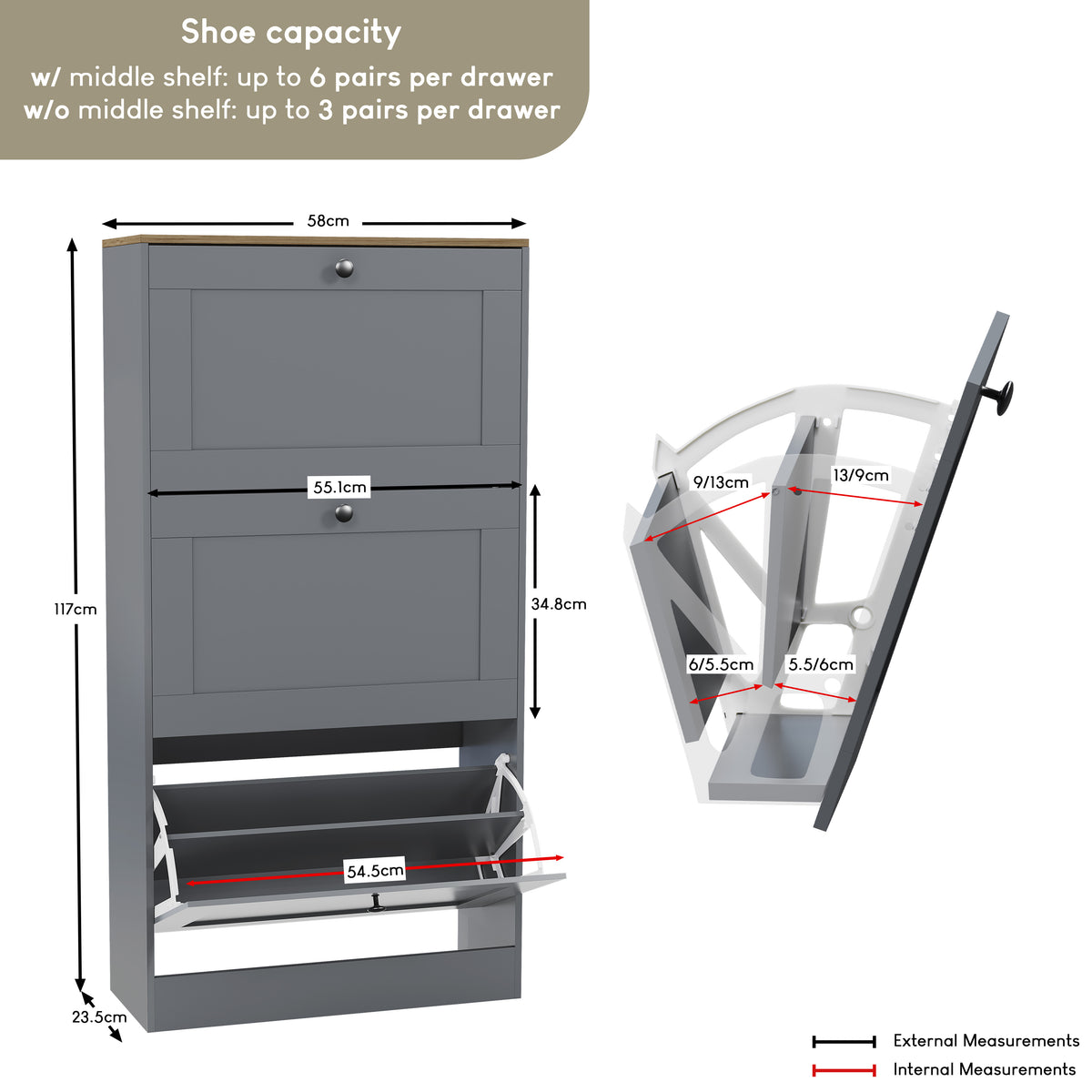 3 Drawer Shoe Cabinet, Grey & Oak
