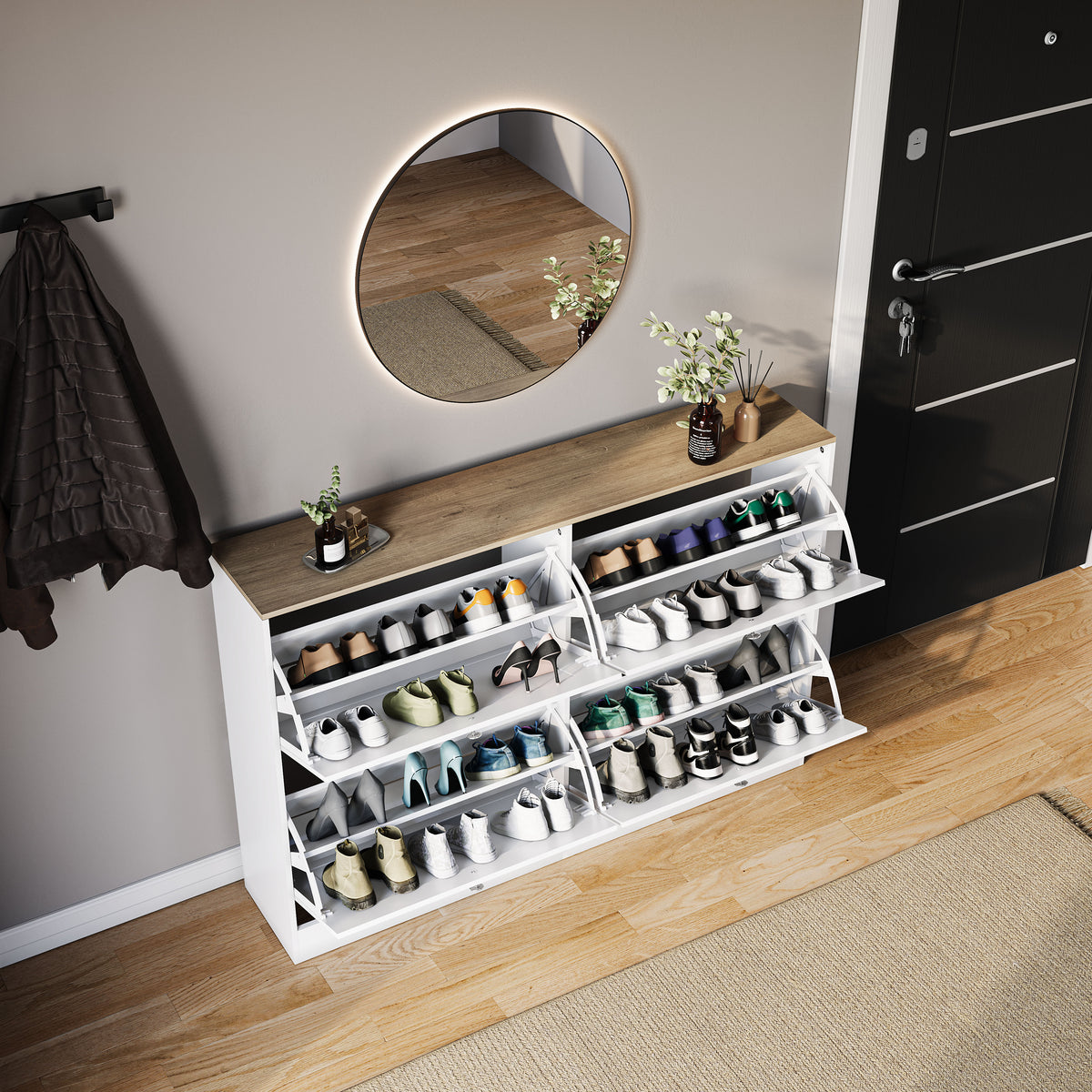 4 Drawer Shoe Cabinet, White & Oak
