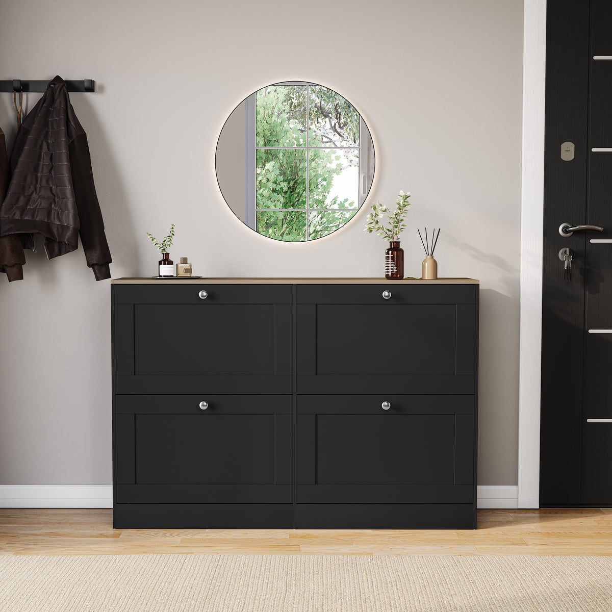 4 Drawer Shoe Cabinet, Black & Oak