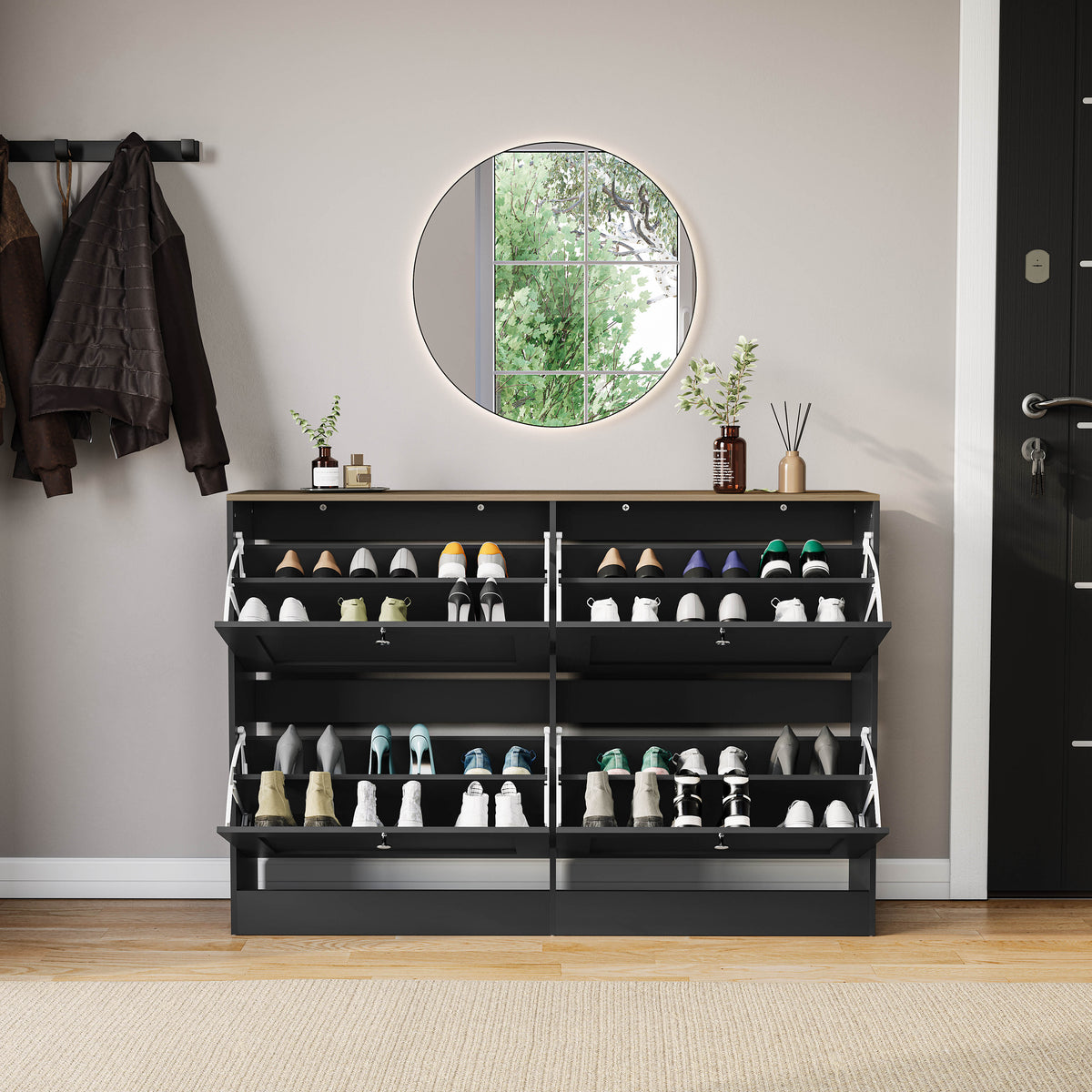 4 Drawer Shoe Cabinet, Black & Oak