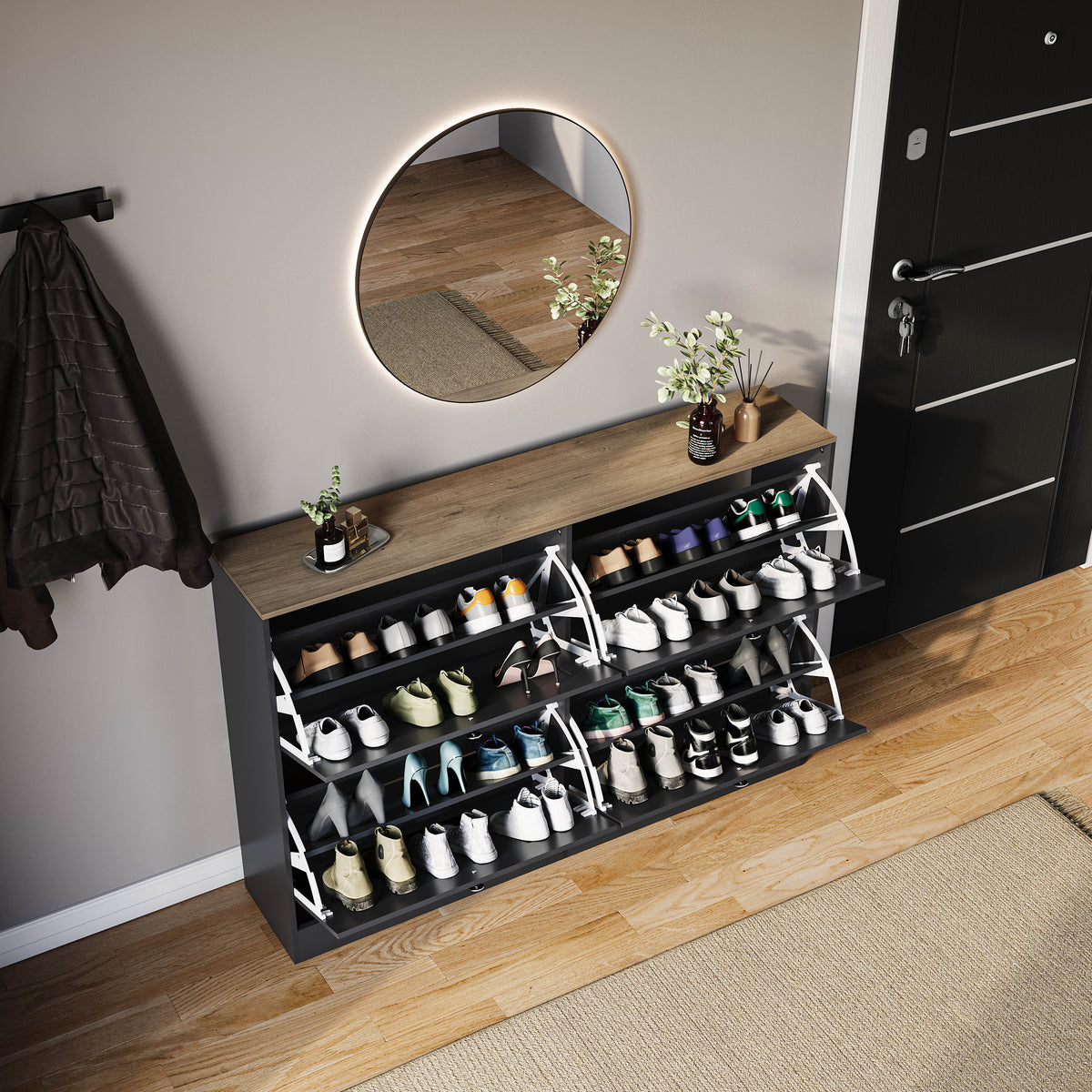 4 Drawer Shoe Cabinet, Black & Oak