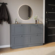 Four-drawer shoe cabinet in grey & oak, with four pull-out drawers.
