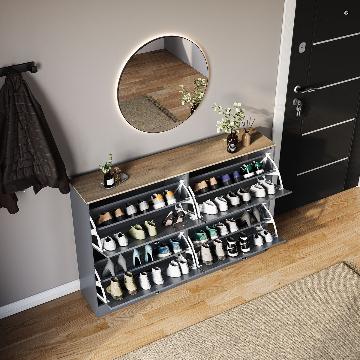 4 Drawer Shoe Cabinet, Grey & Oak