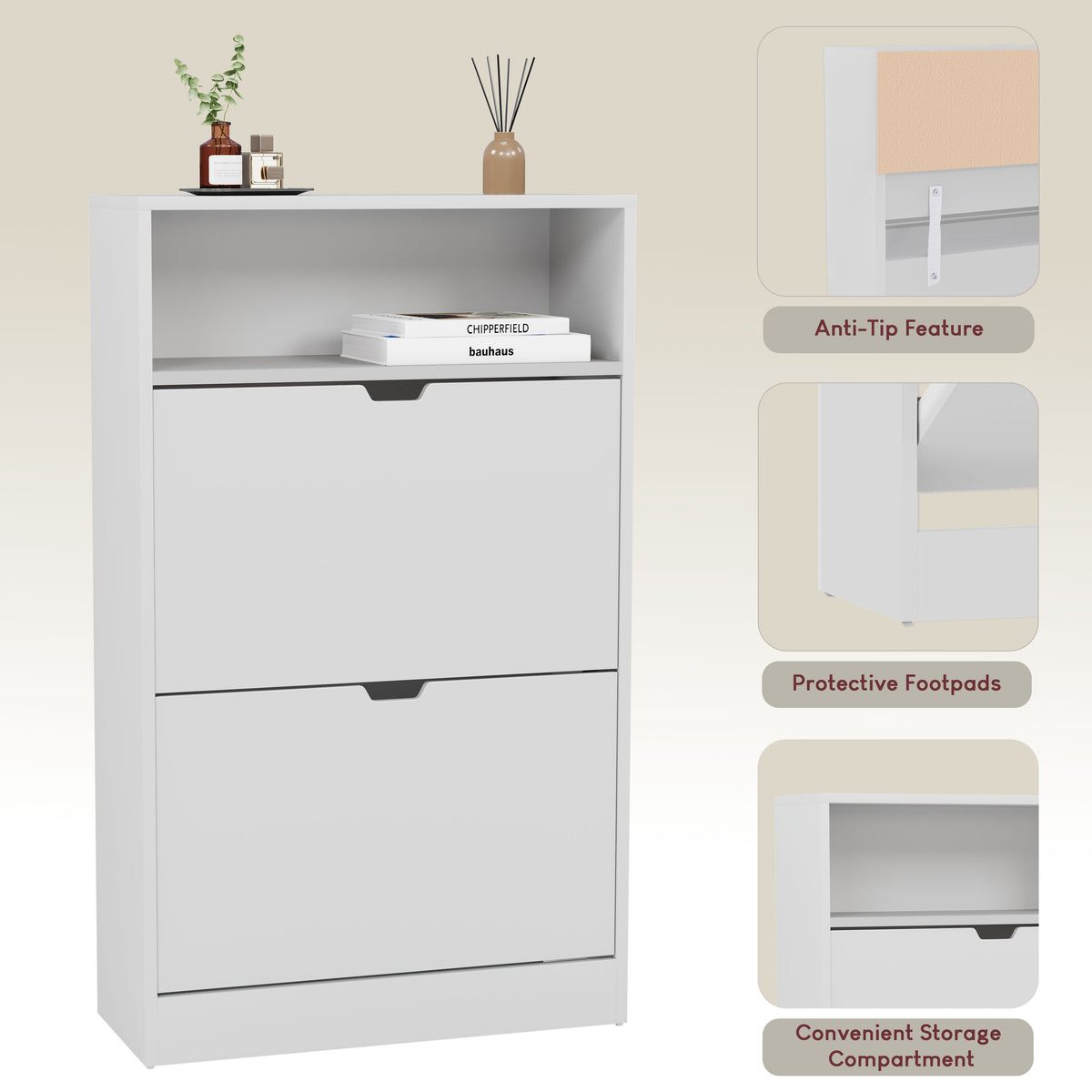 2 Drawer Shoe Cabinet With Shelf, White