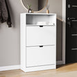 Two-drawer shoe cabinet in white, with two pull-out drawers and a shelf.
