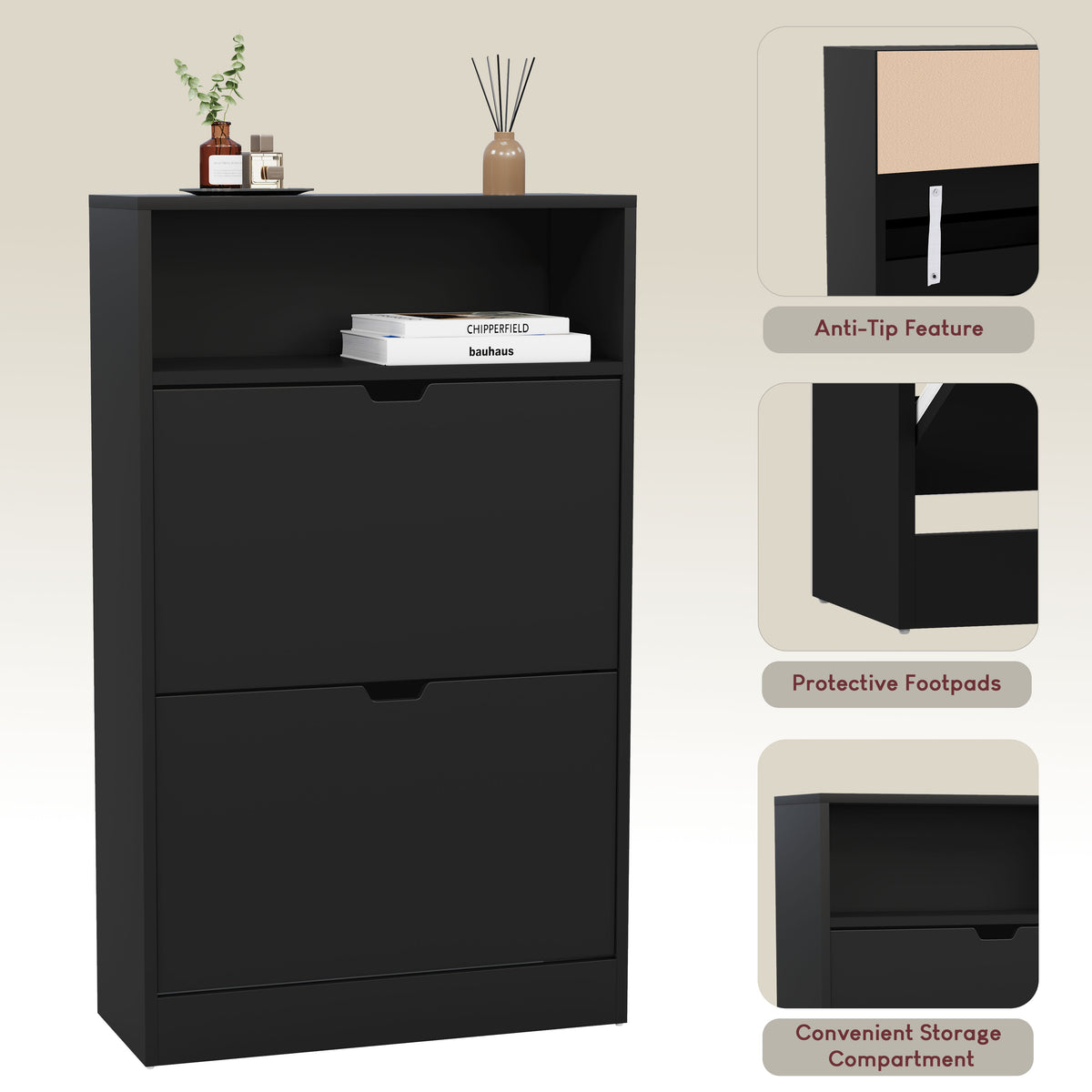 2 Drawer Shoe Cabinet With Shelf, Black
